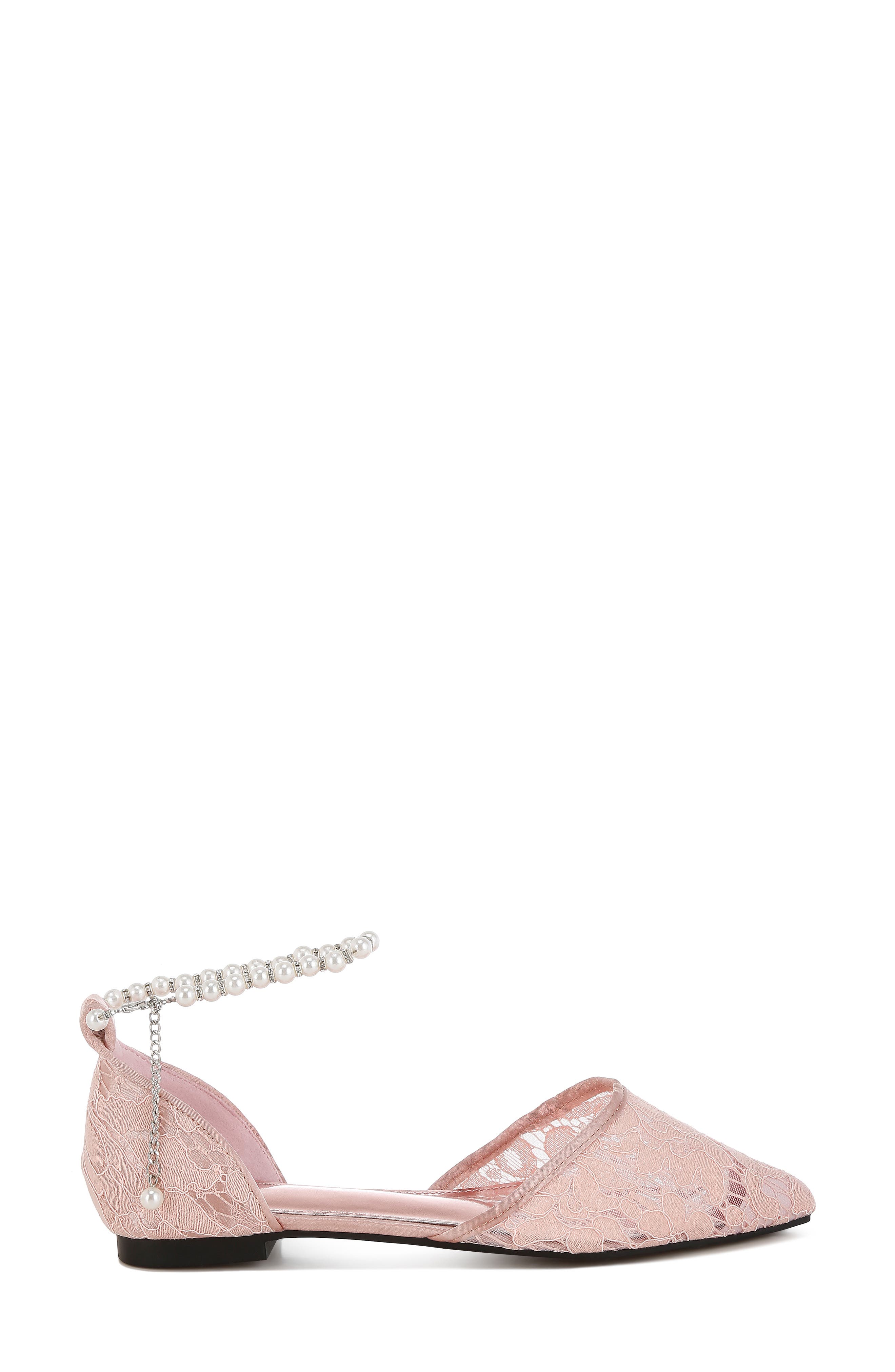 Rag & Co Seymor Faux Pearl Tie Strap Lace Flat, Alternate, color, Blush