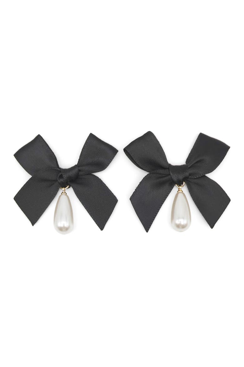 Bow Imitation Pearl Drop Earrings, Main, color, BLACK