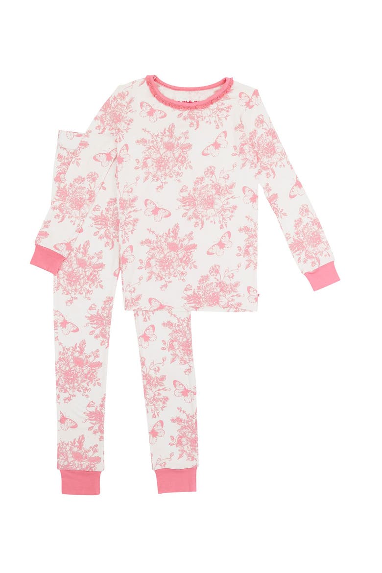 Softsnooze Girls Ruffle Long Sleeve Pajama Set, Main, color, Bubblegum Pink Butterfly Toile