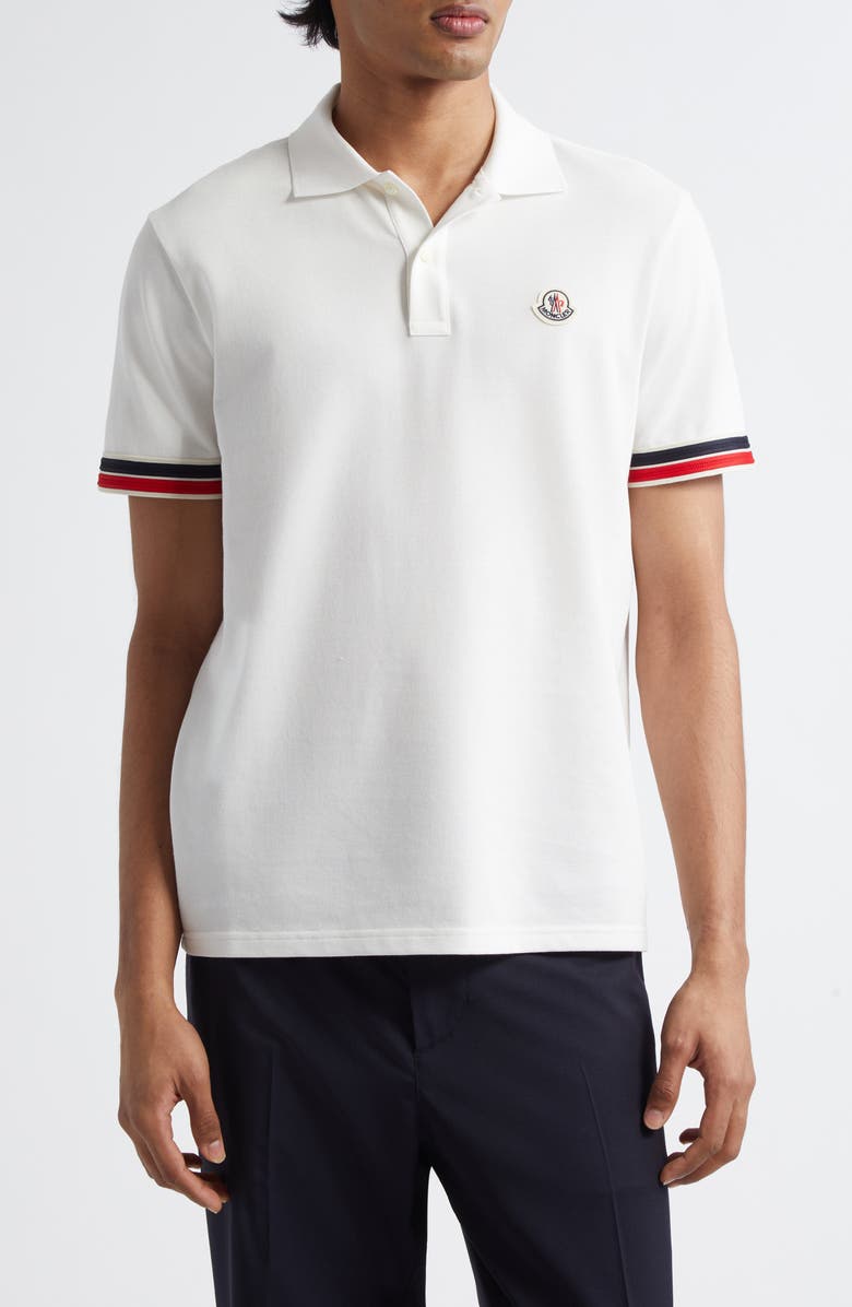 Moncler Tipped Cotton Piqué Polo, Main, color, Silk White