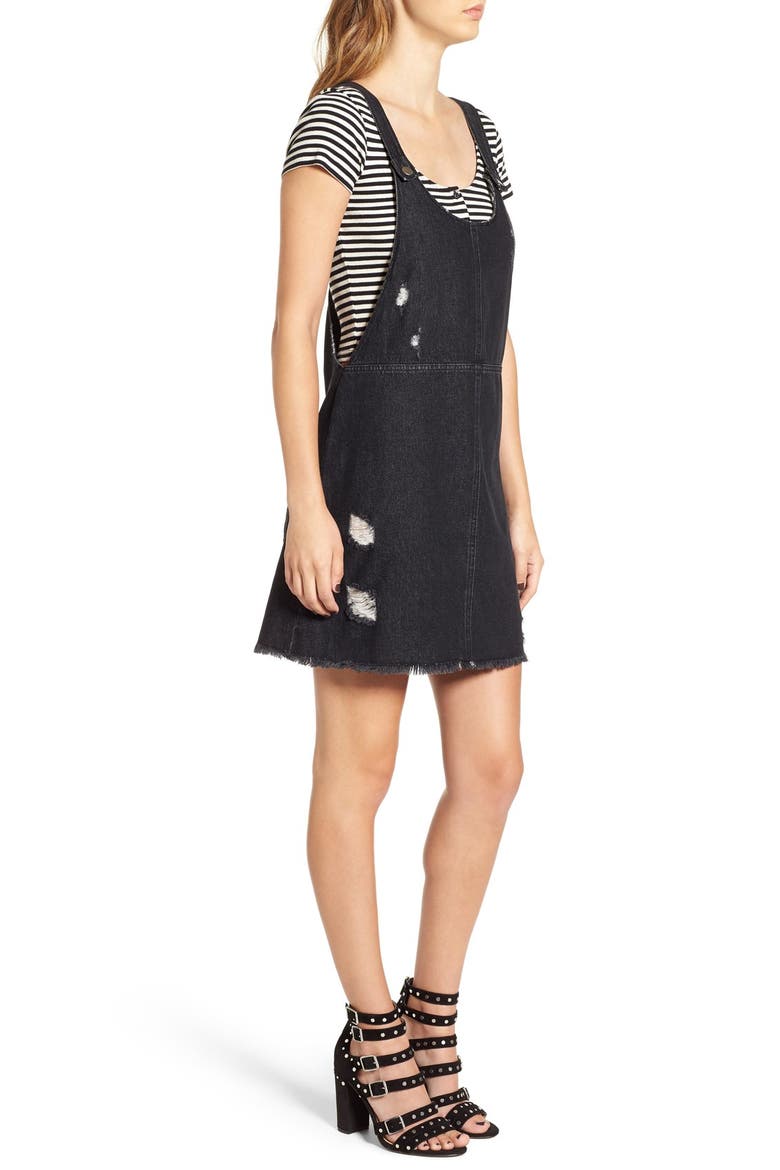 Distressed Denim Pinafore Dress, Alternate, color, BLACK