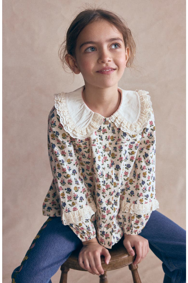 Kids' Broderie Collar Cotton Jersey Top, Alternate, color, VANILLA WHITE FLORAL