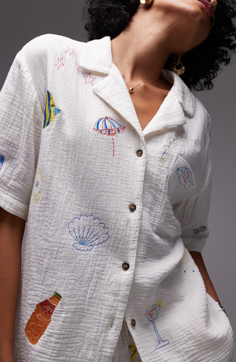 Topshop Resort Embroidered Cotton Camp Shirt, Alternate, color, White