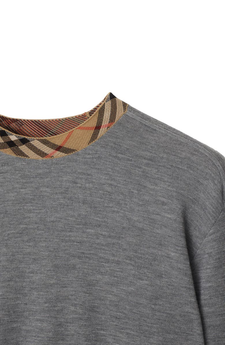 Burberry Check Trim Wool Sweater, Alternate, color, Grey