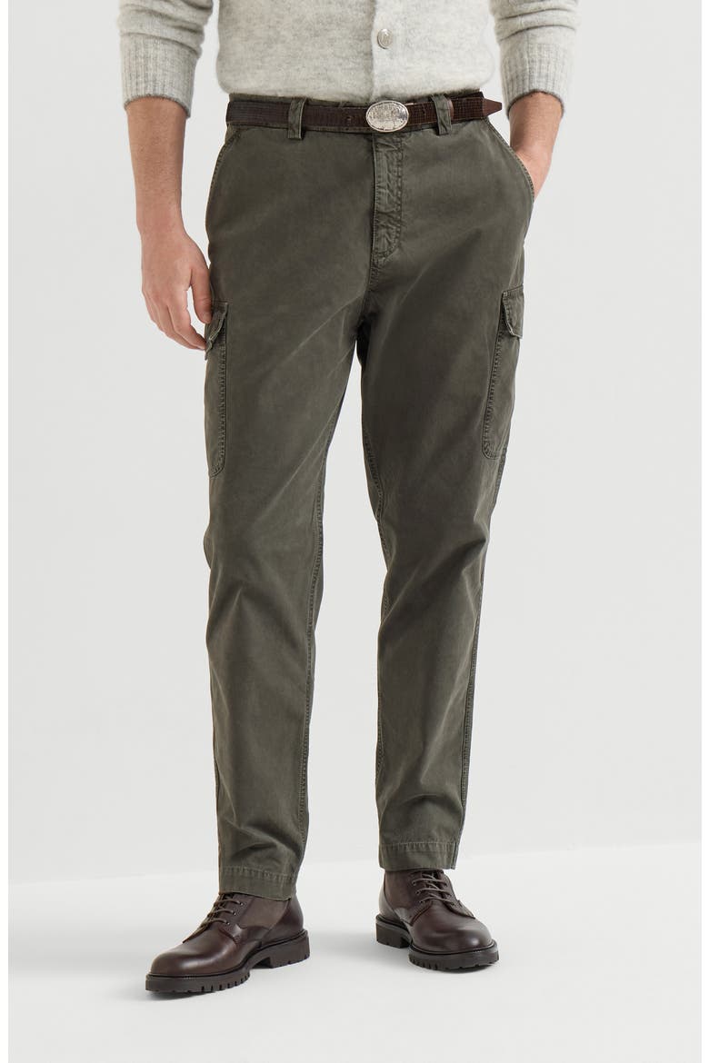 Peached cotton gabardine trousers with cargo pockets, Main, color, Brown