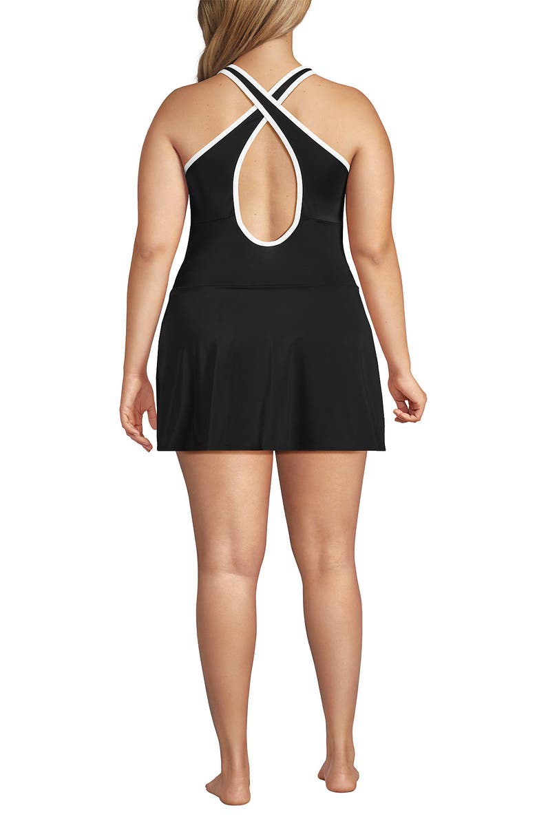 Lands' End Chlorine Resistant Tugless High Neck Swim Dress One Piece Swimsuit, Alternate, color, Black/White
