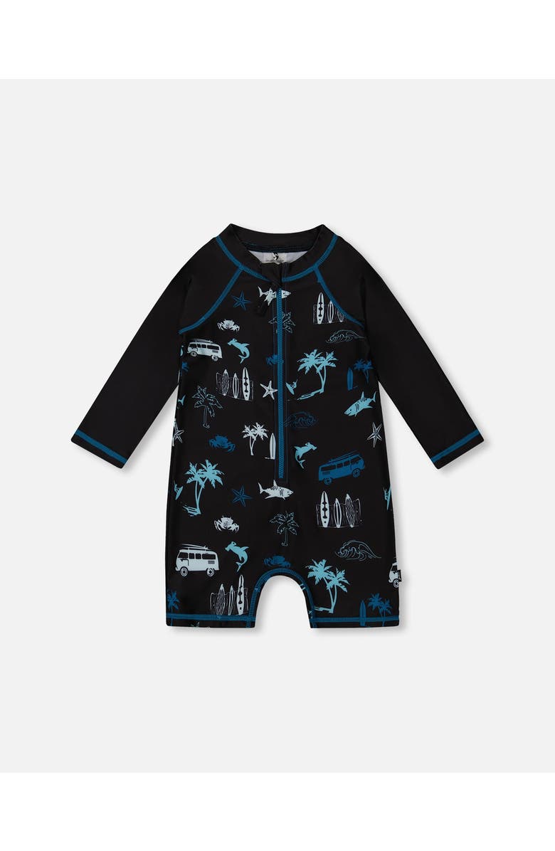 Deux par Deux Little Boy's Printed Long Sleeve Rashguard Light Blue Beach On Black, Main, color, 