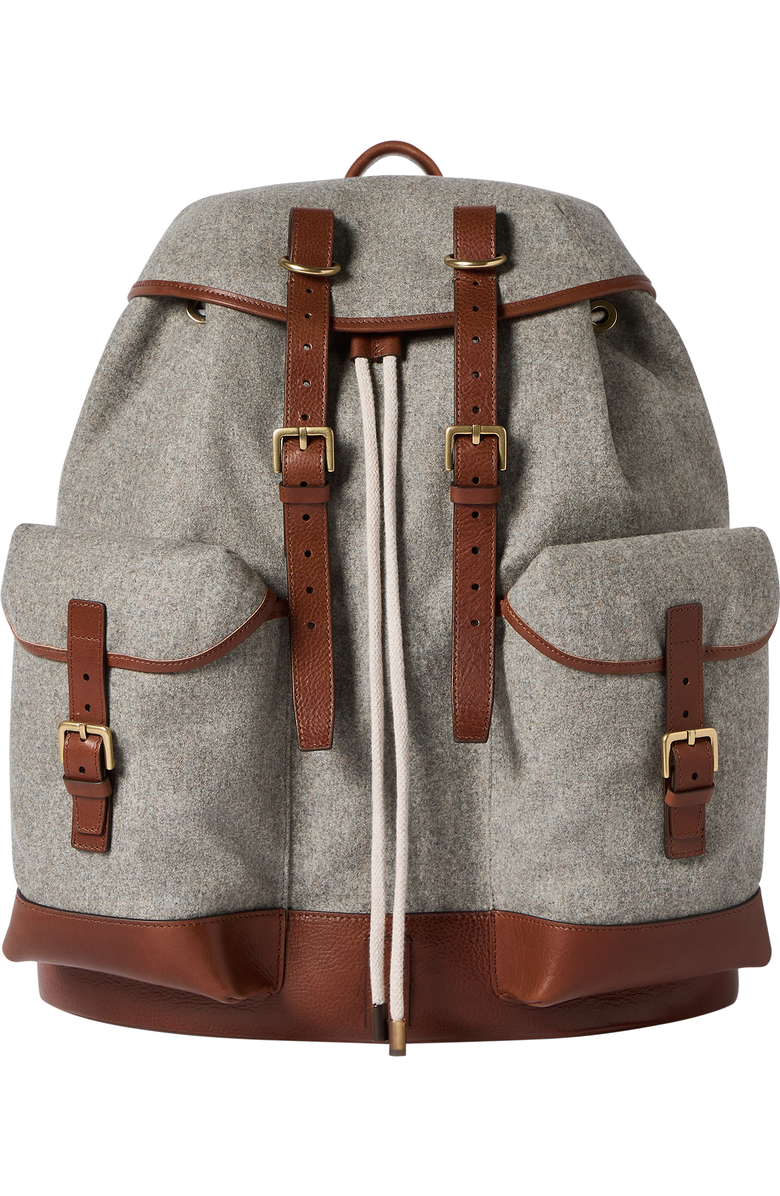 Brunello Cucinelli Virgin wool, alpaca and cashmere flannel field backpack with grained calfskin inserts, Alternate, color, Medium Grey