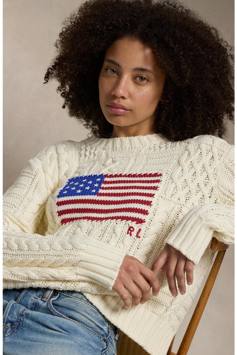 Aran Stitch American Flag Cotton Crewneck Sweater, Alternate, color, CREAM