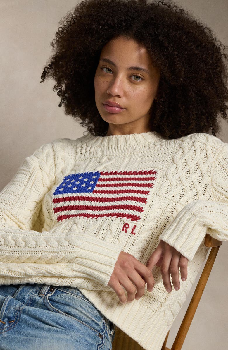 Polo Ralph Lauren Aran Stitch American Flag Cotton Crewneck Sweater, Alternate, color, 