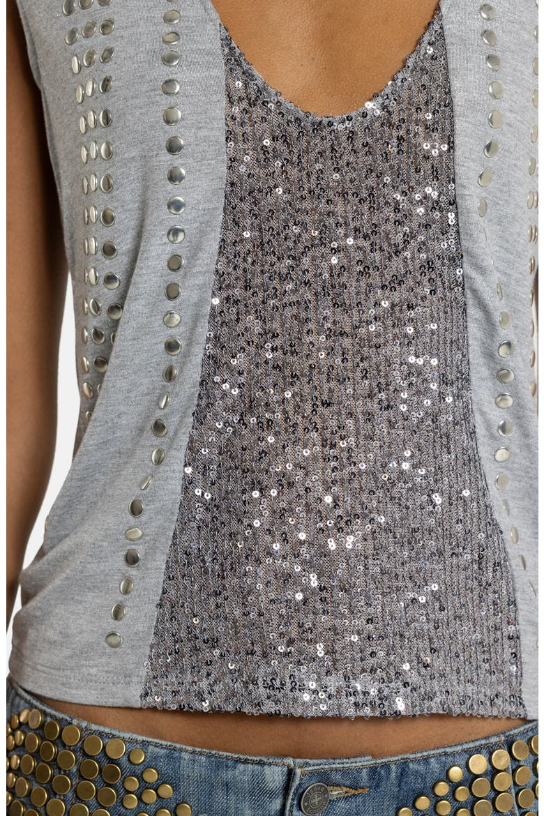 Studded Sequin Plunge Neck Tank, Alternate, color, GREY