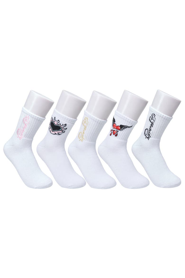 Heart Flame Print Full Cushion Mid Crew Sock 5-Pack, Main, color, White Multi