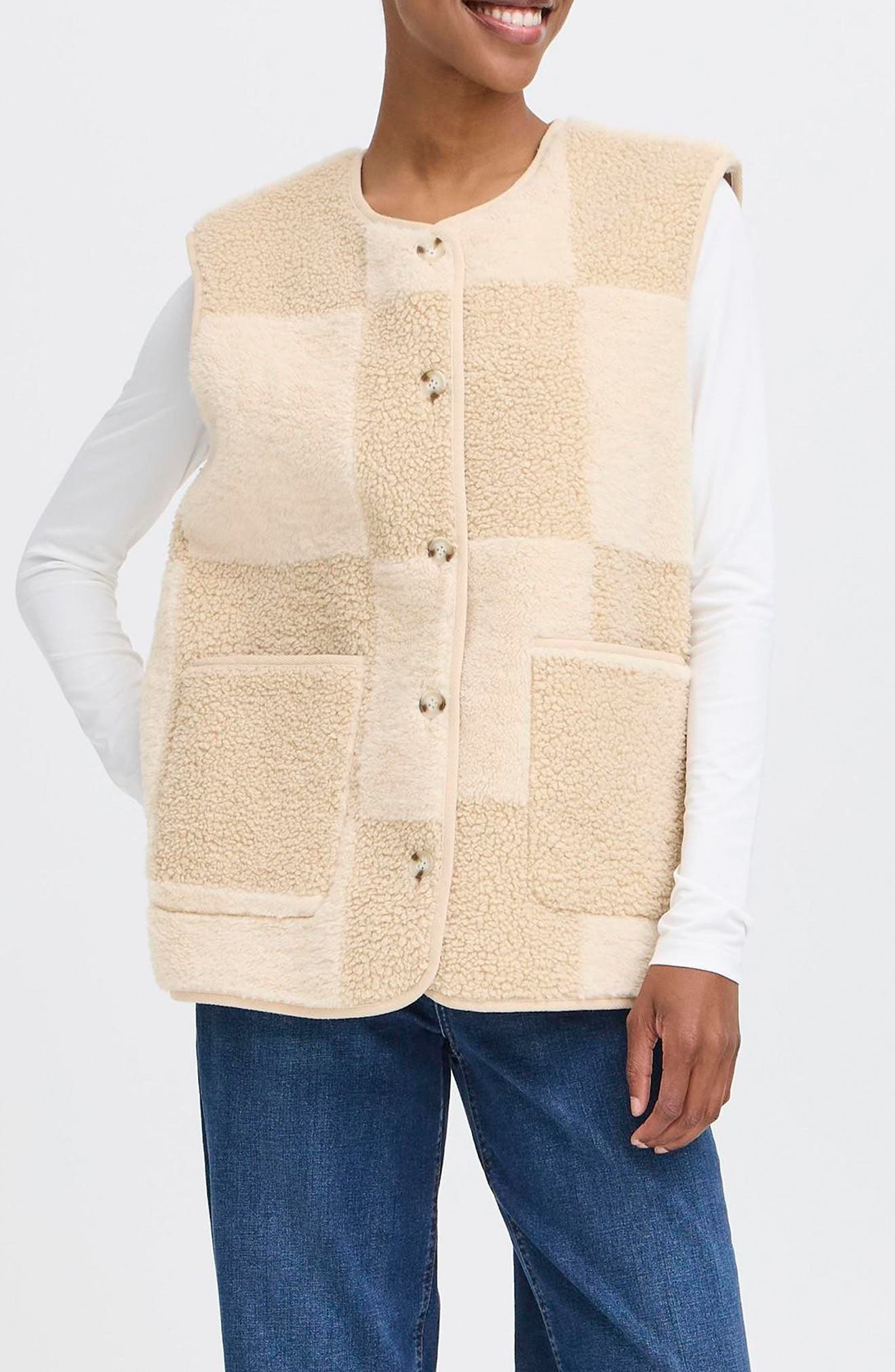 ICHI Patchwork Faux Shearling Vest