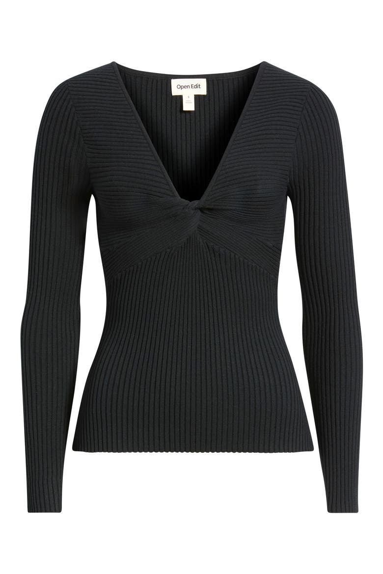 Knot Front Ribbed V-Neck Sweater, Alternate, color, BLACK