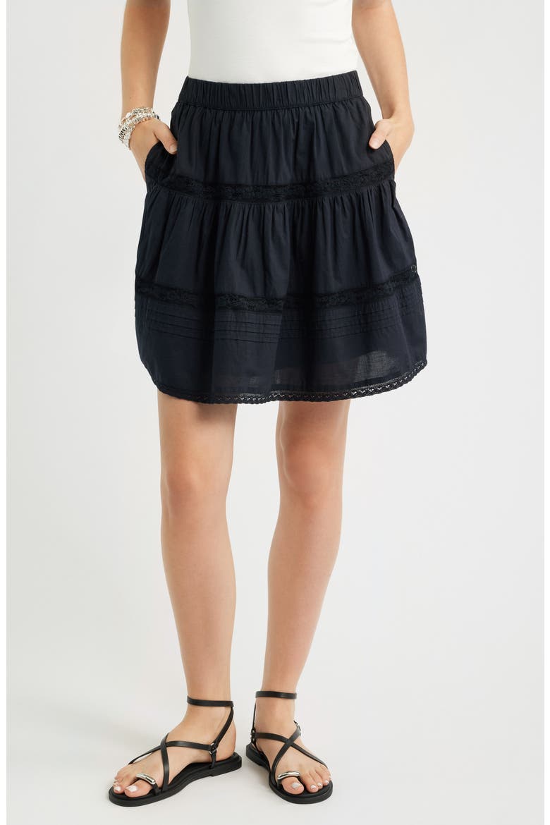 Lace Trim Cotton Miniskirt, Main, color, BLACK