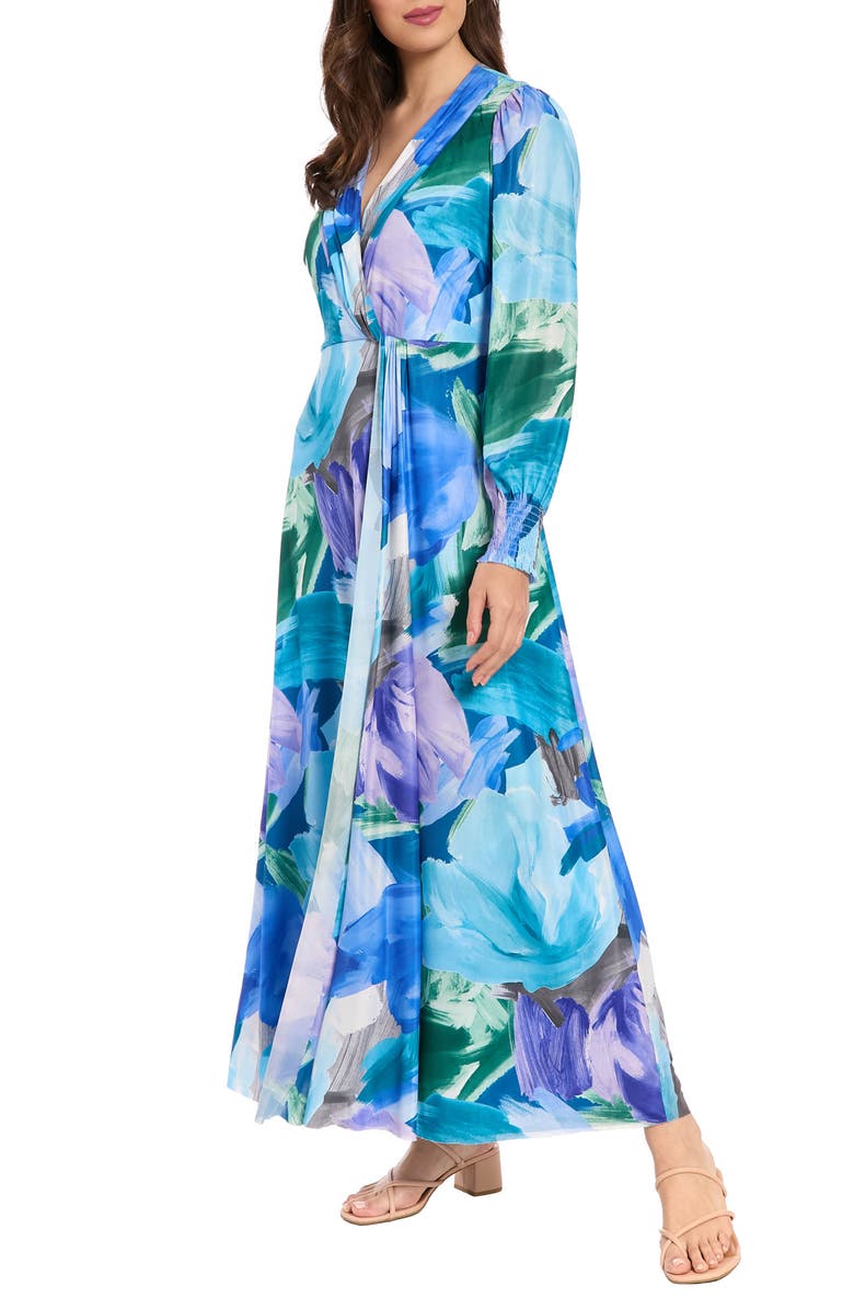 London Times Shirred Surplice Neck Maxi Dress, Alternate, color, Blue/ Lavendar