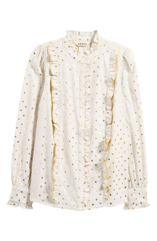 Boden Isla Metallic Polka Dot Ruffle Cotton Button-Up Top in Metallic Spot 