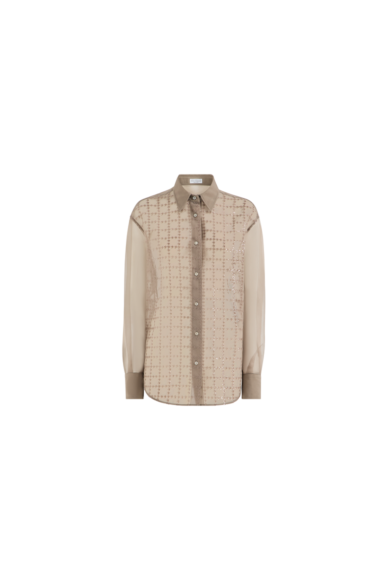 Crispy silk shirt with dazzling windowpane embroidery, Alternate, color, Light Brown