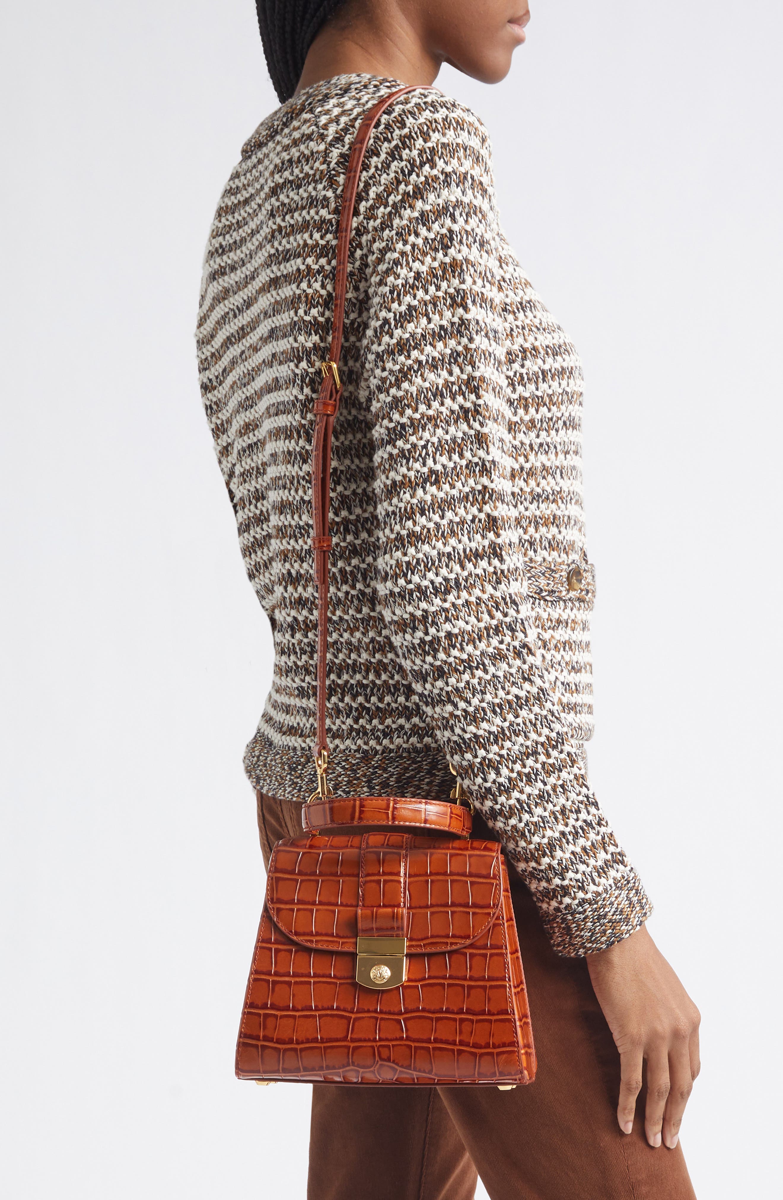 Crest Lock Croc Embossed Leather Top Handle Bag, Alternate, color, PRALINE
