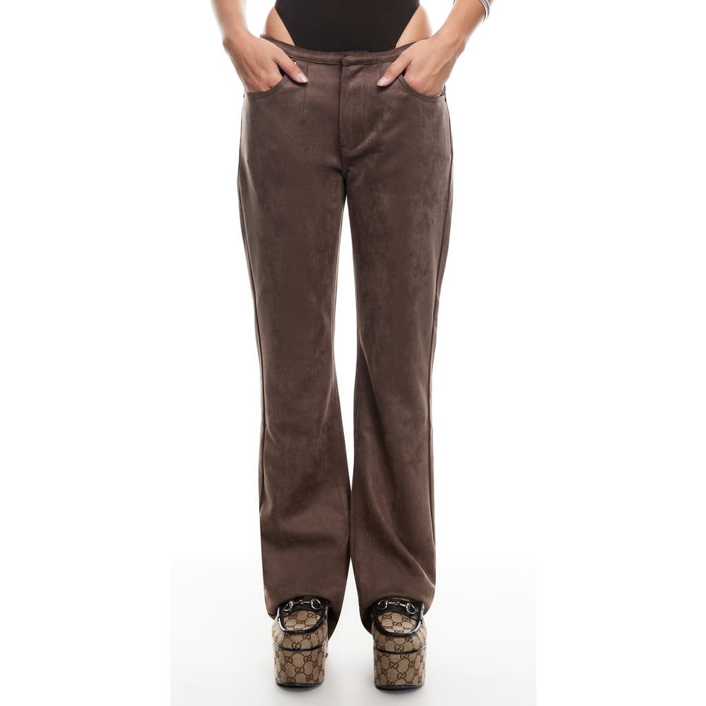 Lioness Charismatic Dipped Low Rise Flare Faux Suede Pants In Brown