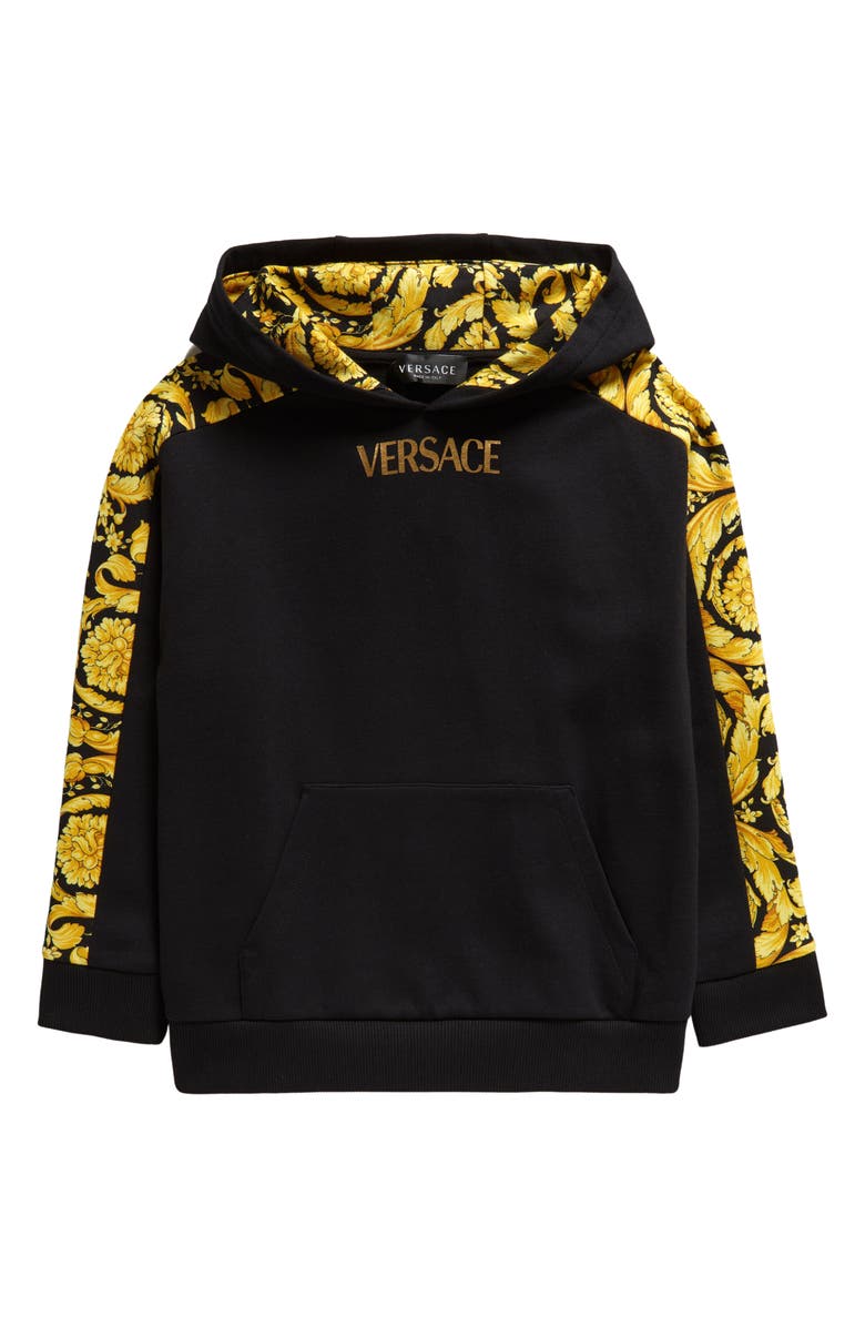 Versace Kids' Barocco Glitter Logo Hoodie, Main, color, 