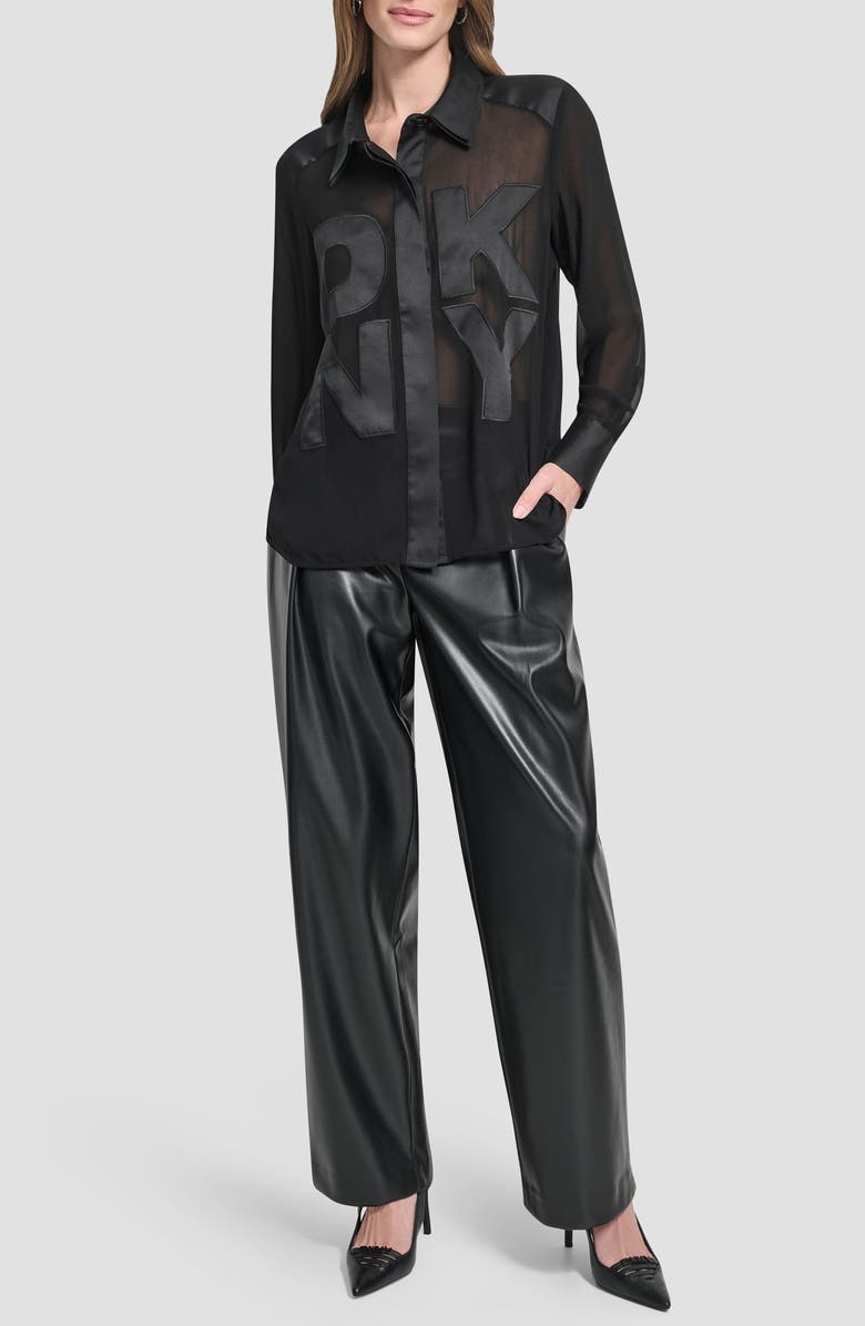DKNY Chiffon Logo Sheer Button-Up Shirt, Alternate, color, Black