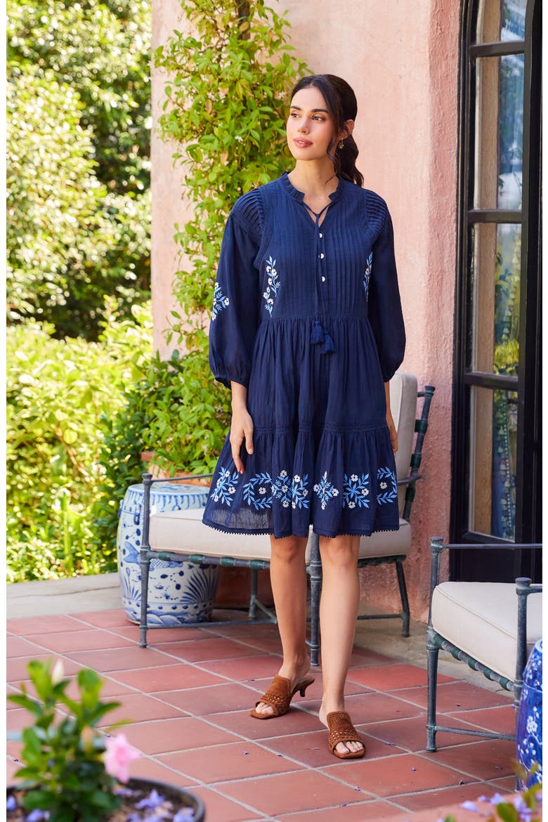 Floral Embroidered Tassel Cotton Dress, Alternate, color, NAVY