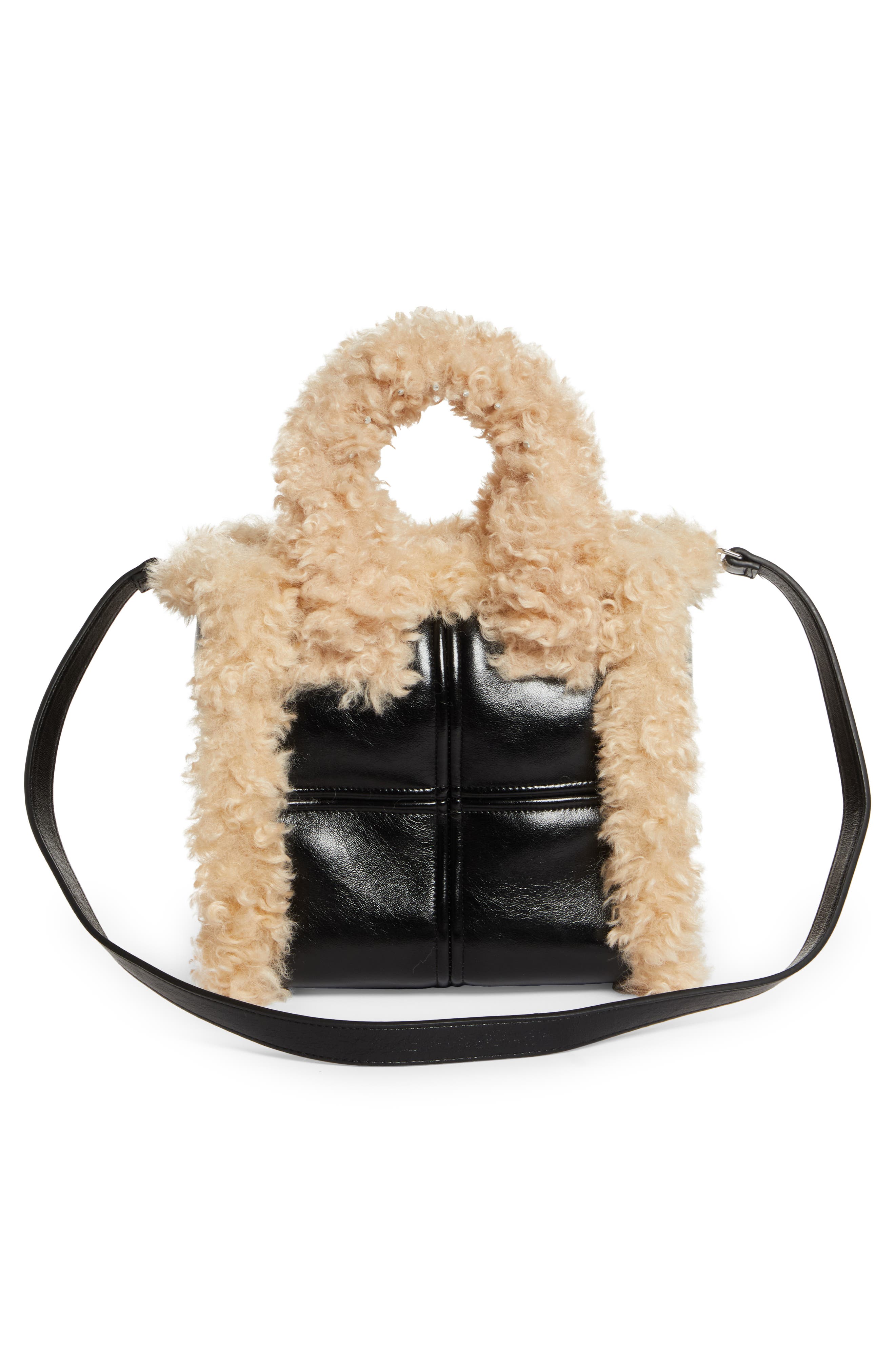 Stand Studio Liz II Faux Leather Top Handle Bag with Faux Shearling Trim, Alternate, color, 