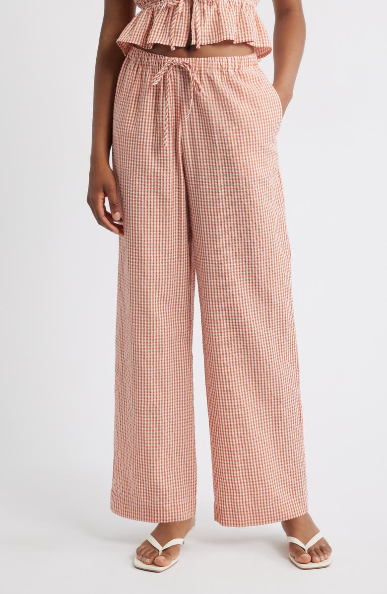 WAYF x Styled by COCO! Nina Gingham Seersucker Straight Leg Pants, Main, color, Clay Seersucker