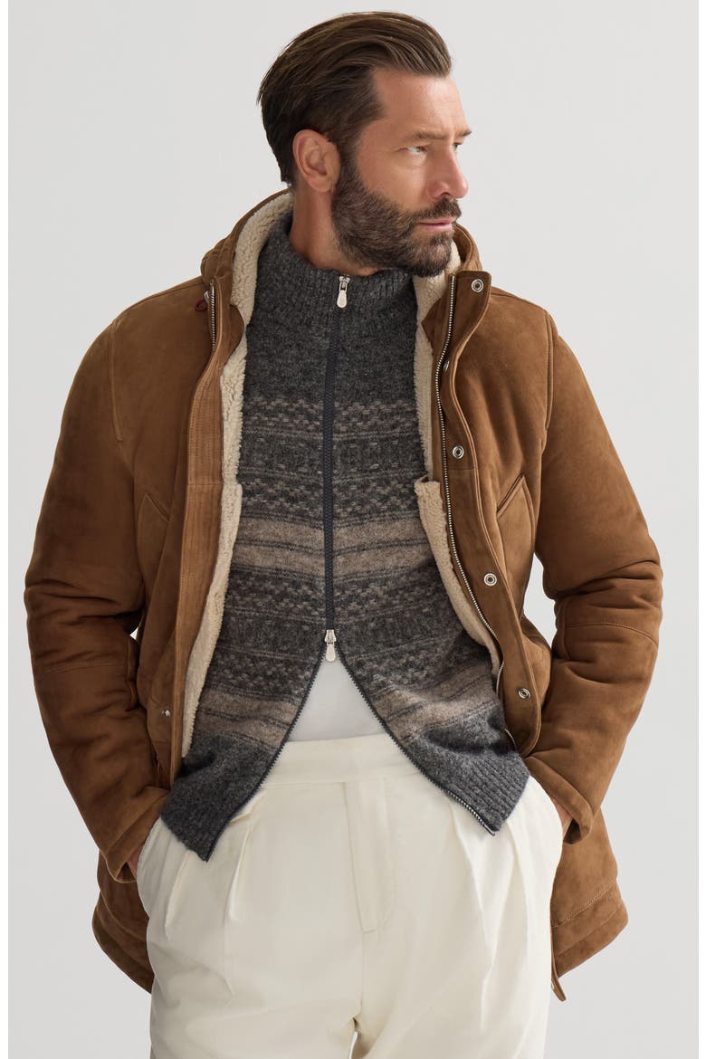 Suede curly shearling parka, Alternate, color, Brown