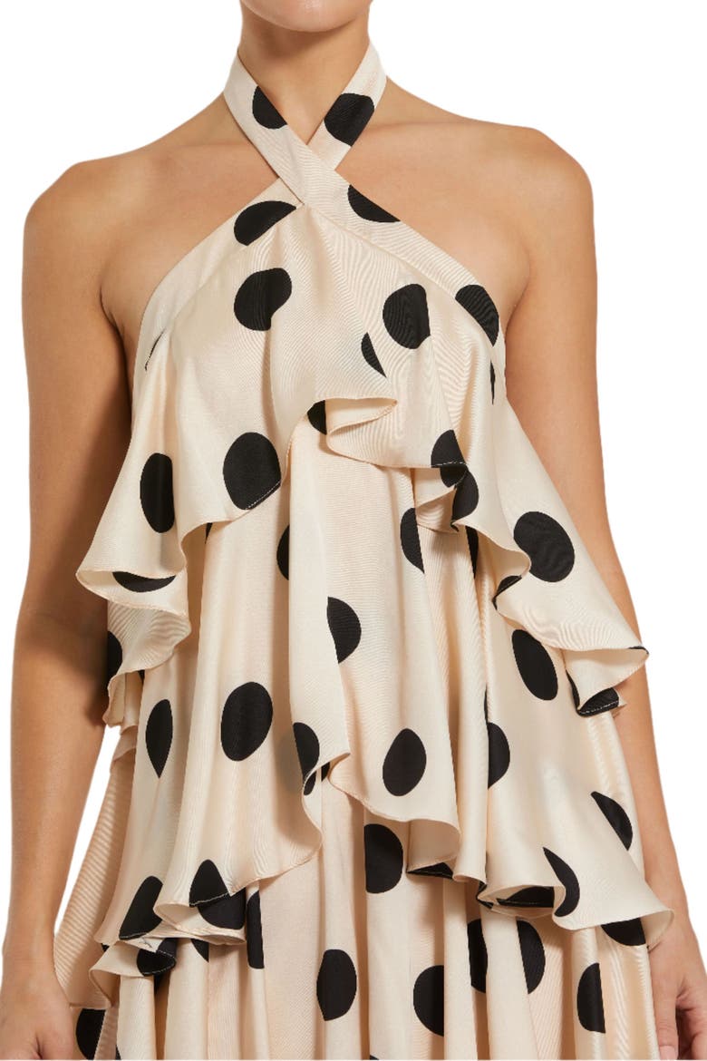 Polka Dot Charmeuse Halter Tiered Ruffle Gown, Alternate, color, Cream Black
