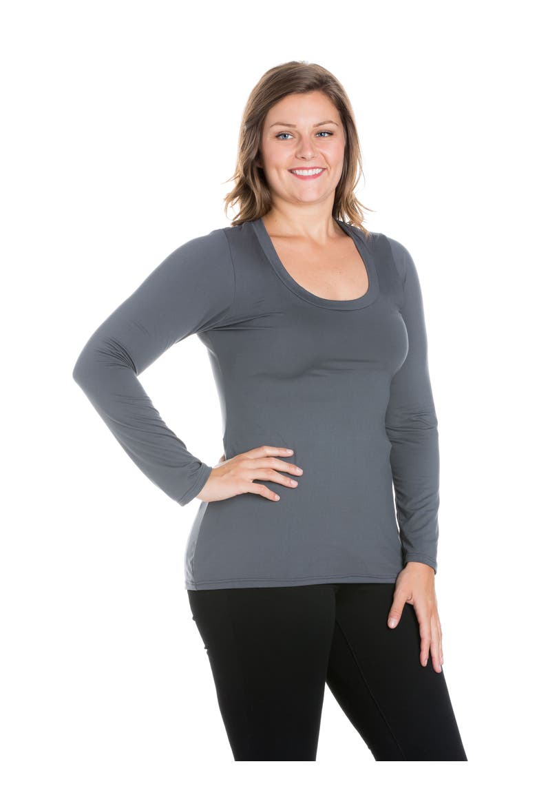 Plus Size Solid Long Sleeve Scoop Neck  Womens Tee, Alternate, color, Charcoal