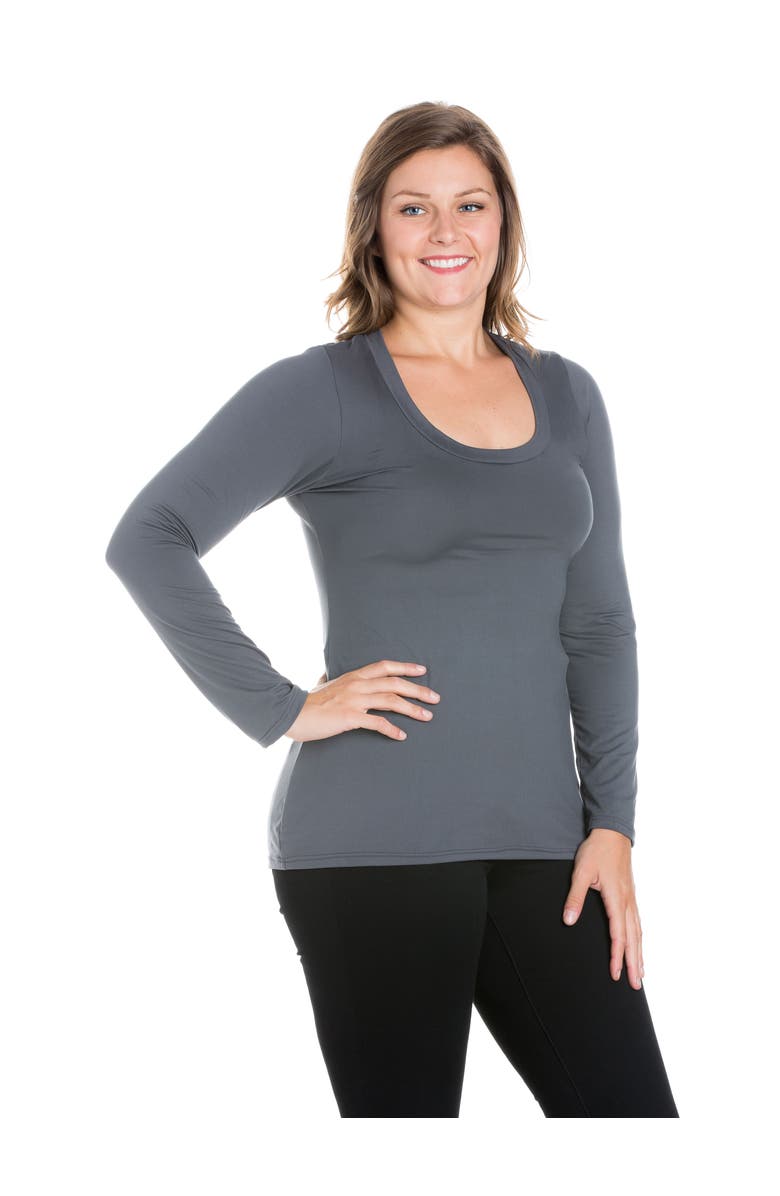 24seven Comfort Apparel Plus Size Solid Long Sleeve Scoop Neck  Womens Tee, Alternate, color, Charcoal