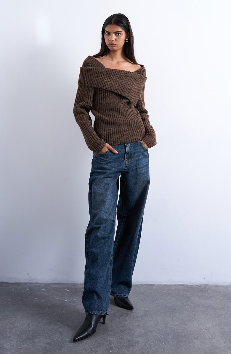 Topshop Ribbed Off the Shoulder Sweater, Alternate, color,