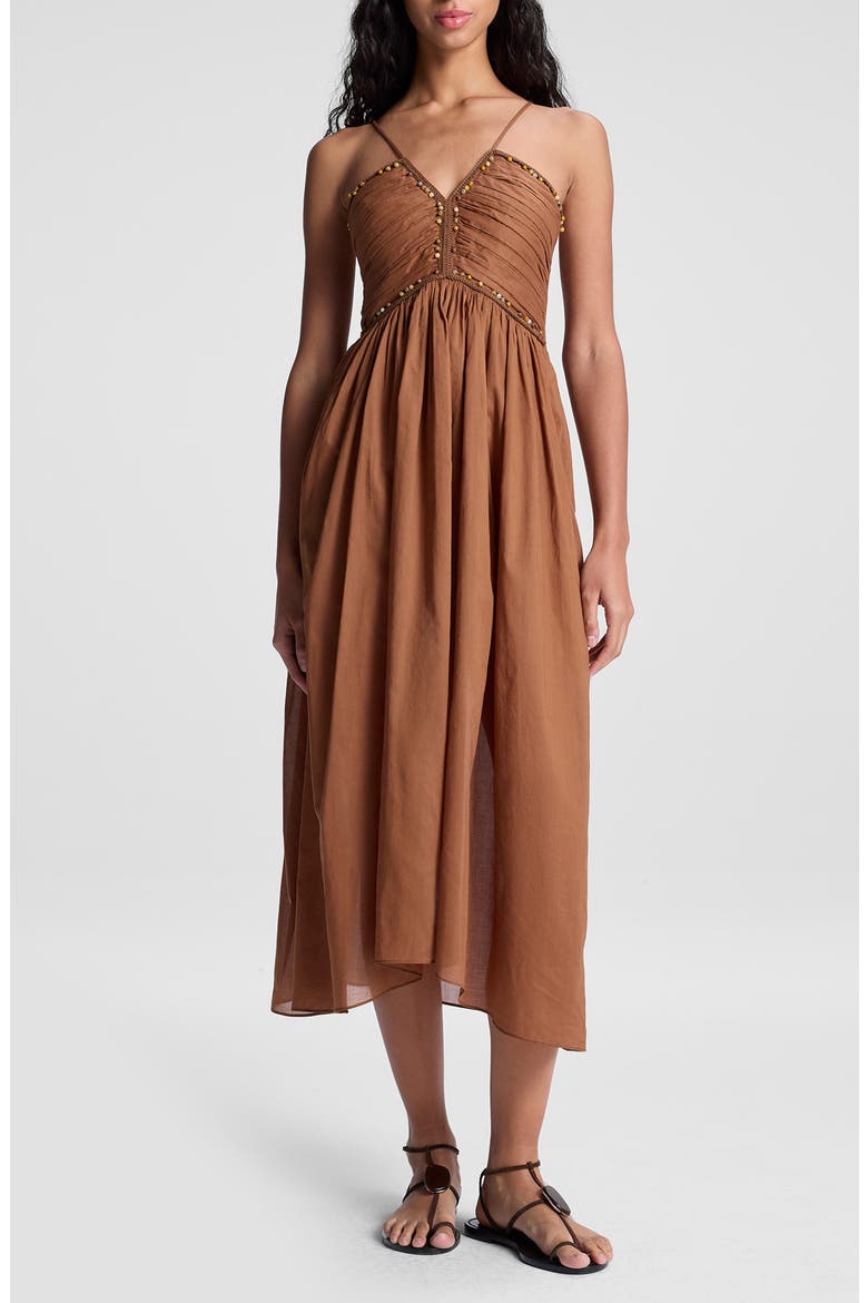 Rumi Beaded Cotton Voile Midi Dress, Main, color, LIGHT CHESTNUT