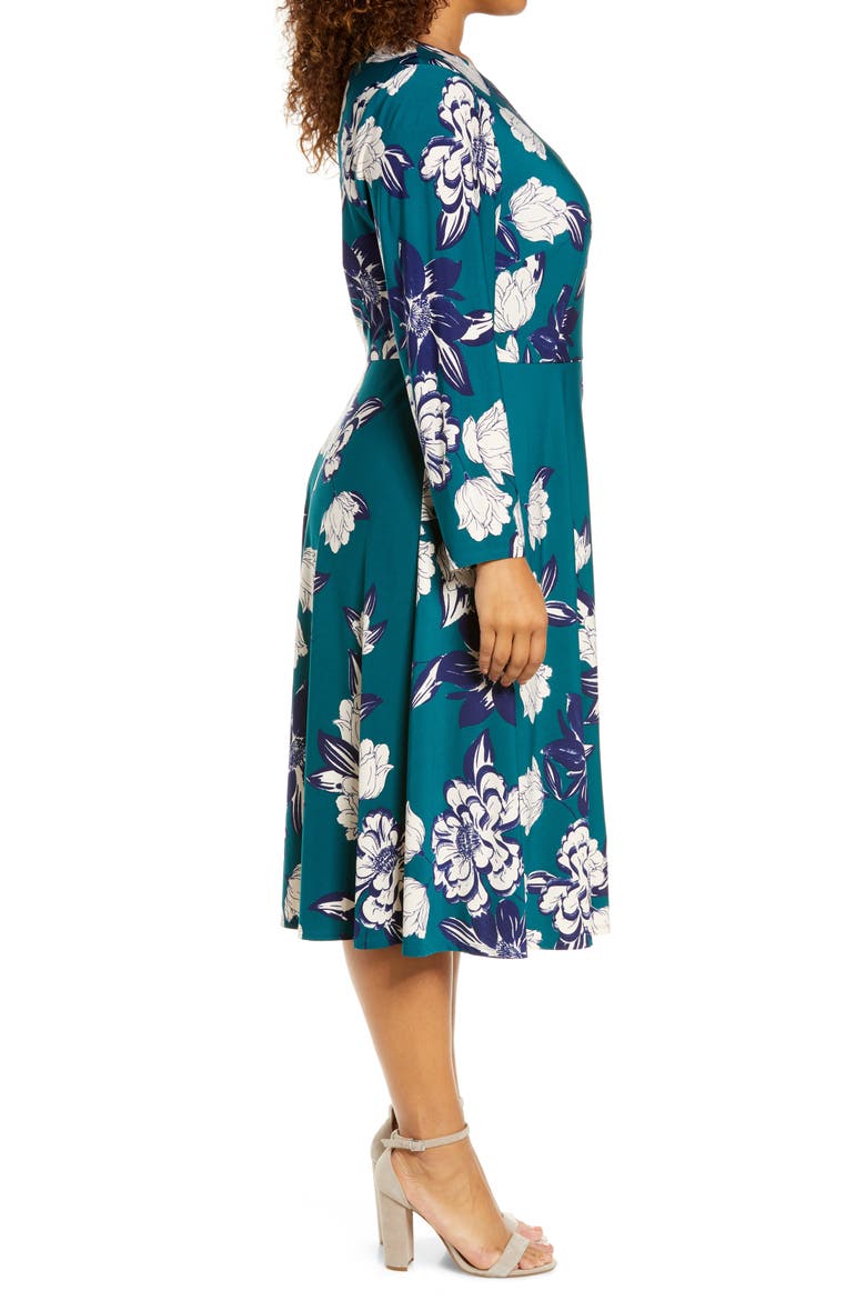 Floral Long Sleeve Midi Dress, Alternate, color, HUNTER