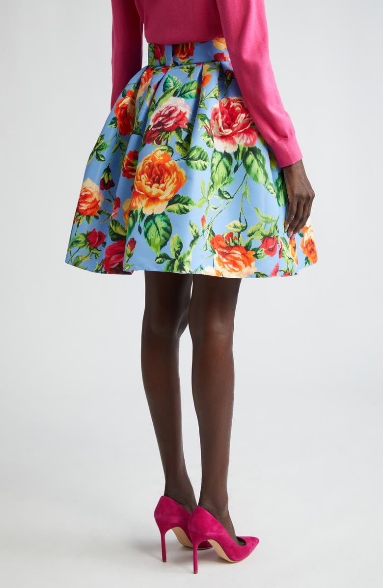 Carolina Herrera Rose Print Faille Skirt, Alternate, color, Lake Blue Multi