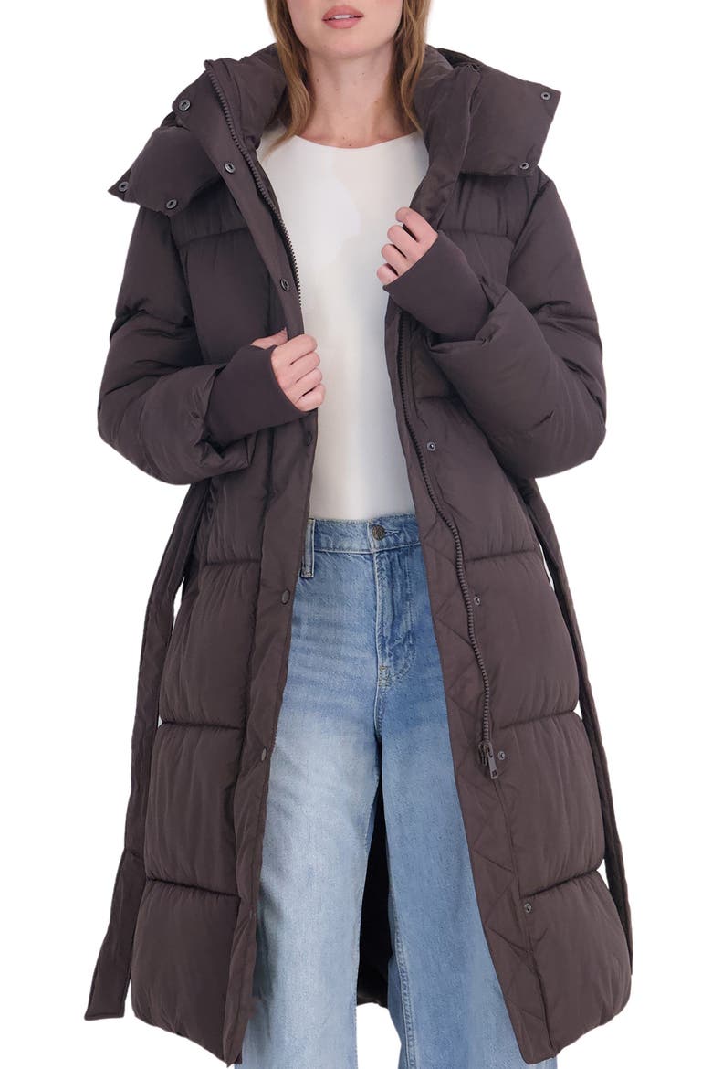 Belted Water Resistant Puffer Coat, Alternate, color, BROWN