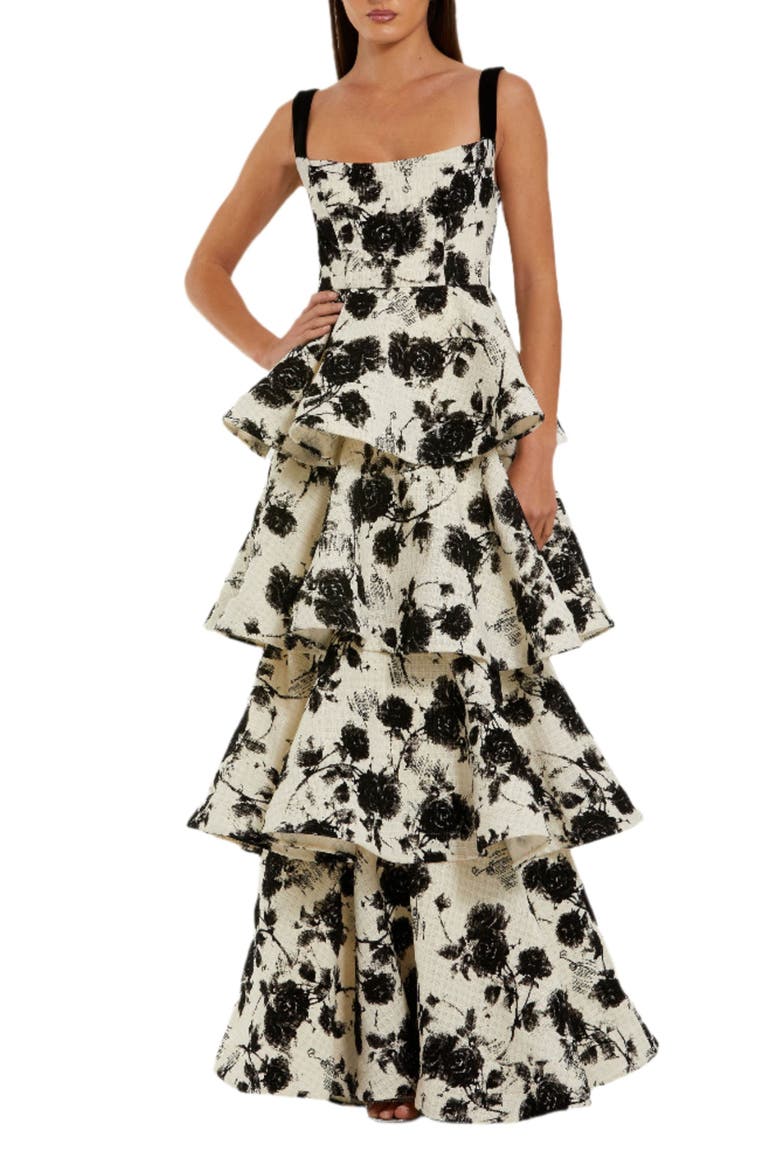 Floral Boucle Tiered Ruffle Gown, Main, color, Black Ivory
