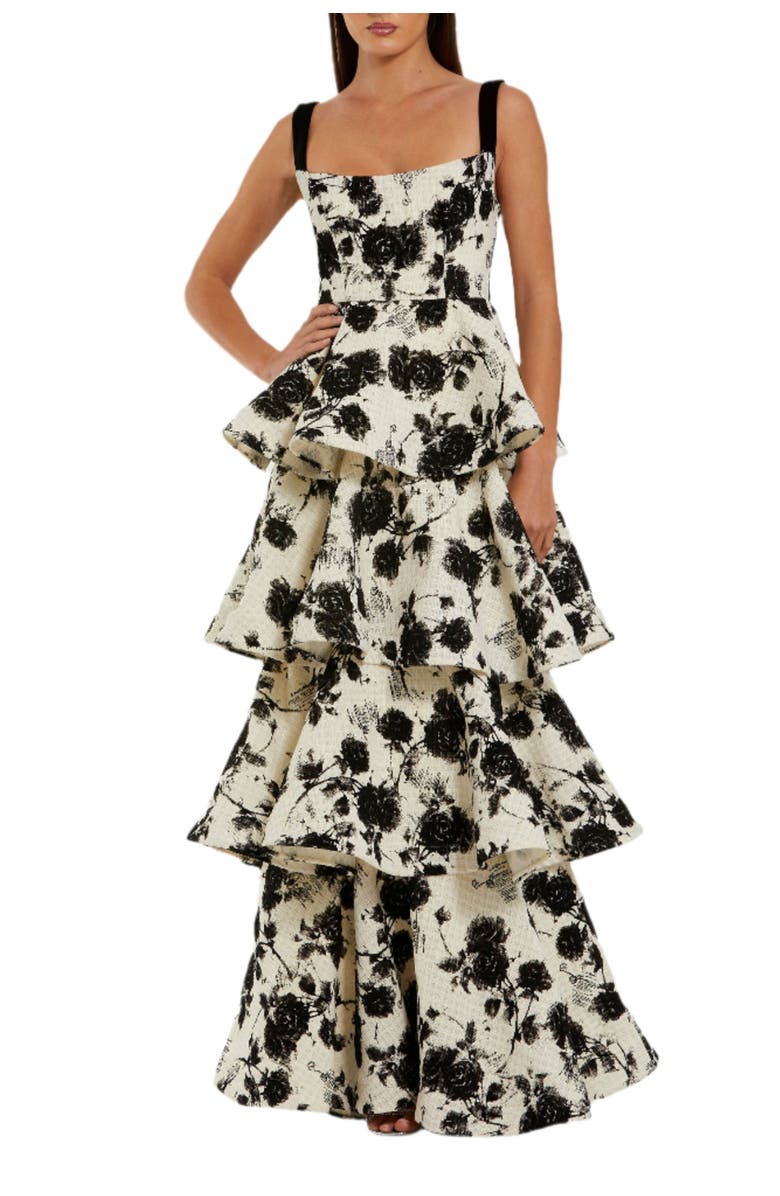 Mac Duggal Floral Boucle Tiered Ruffle Gown, Main, color, Black Ivory