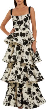 Mac Duggal Floral Boucle Tiered Ruffle Gown