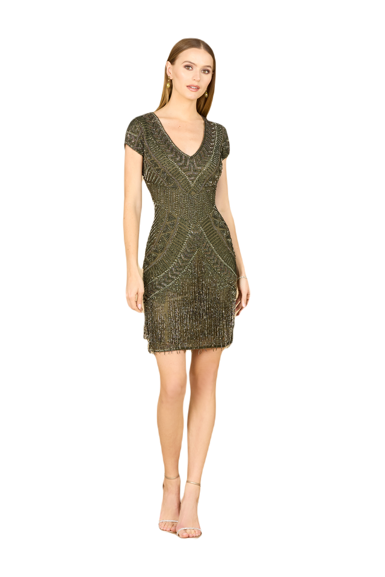 Brooklyn Beaded Fitted Short Dress with Open Back, Main, color, Olive