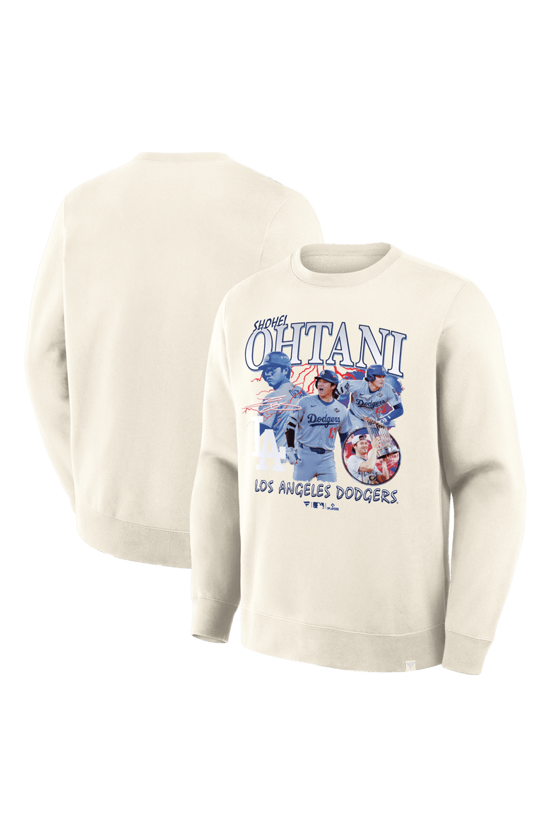 Men's Fanatics Shohei Ohtani Cream Los Angeles Dodgers Montage Legacy Sweatshirt, Main, color, Cream