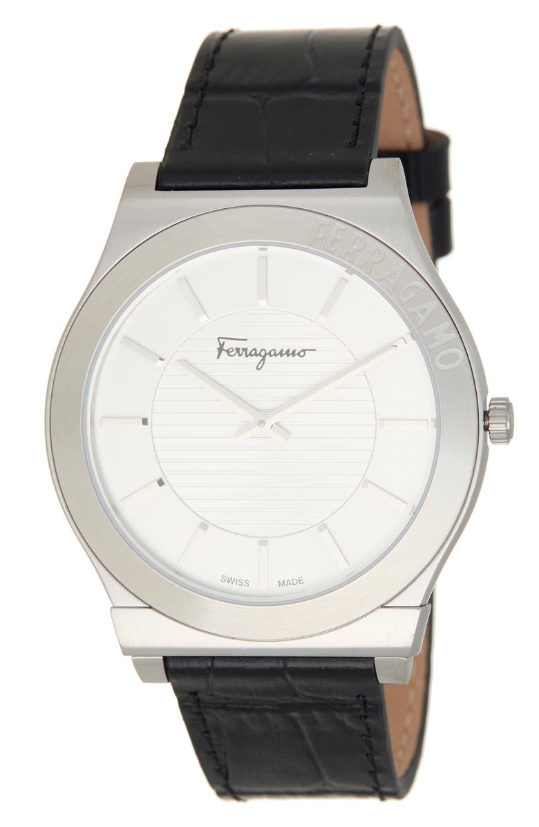 FERRAGAMO Gancini Swiss Quartz Leather Strap Watch, 38mm, Main, color, White/ Stainless Steel