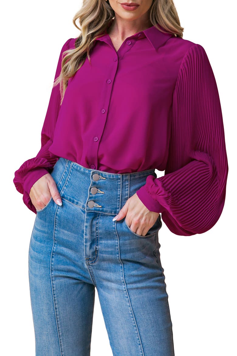 Pleated Sleeve Button-Up Shirt, Main, color, MAGENTA