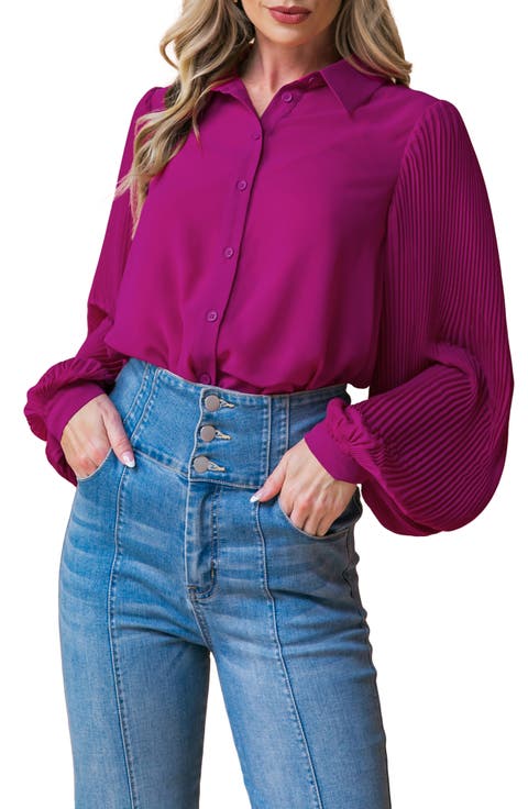 Pleated Sleeve Button-Up Shirt