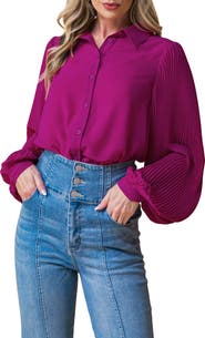 FLYING TOMATO Pleated Sleeve Button-Up Shirt