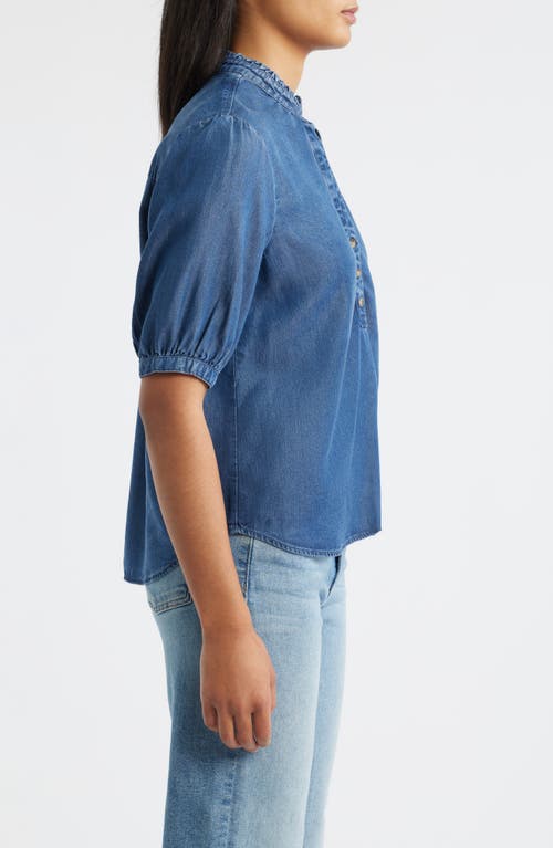 Cloth & Stone Puff Sleeve Half Placket Chambray Top In Blue