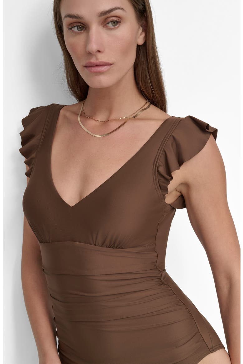 Plunge Neck Ruffle One-Piece Bikini, Alternate, color, MOCHA