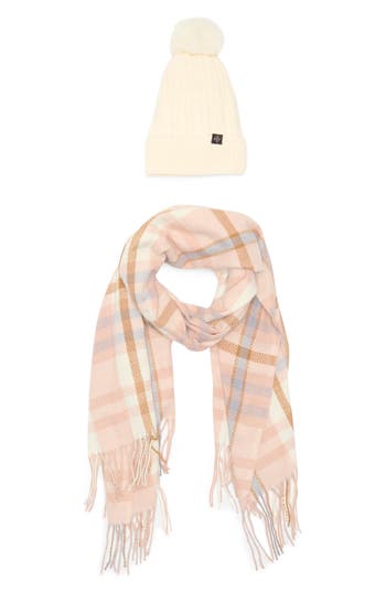 Nanette Lepore Faux Fur Pompom Beanie & Scarf Set In Pink